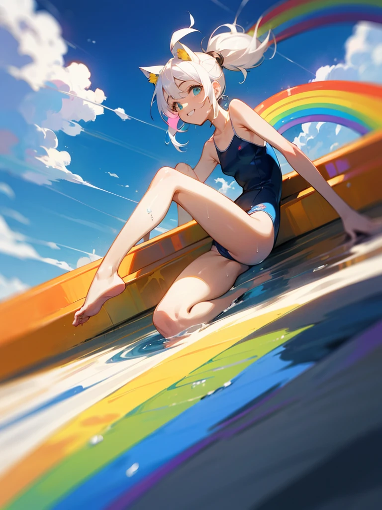 front view,独奏,looking at viewer,white hair,topknot,White camisole swimsuit、smile、fun、rainbow, rainbow water slider, steep and long slope, sliding, sitting and sliding on the rainbow, floating hair, holding knee, playing slide,Sliding down the slide at tremendous speed, blue sky,motion blur, depth of field, line of effect,