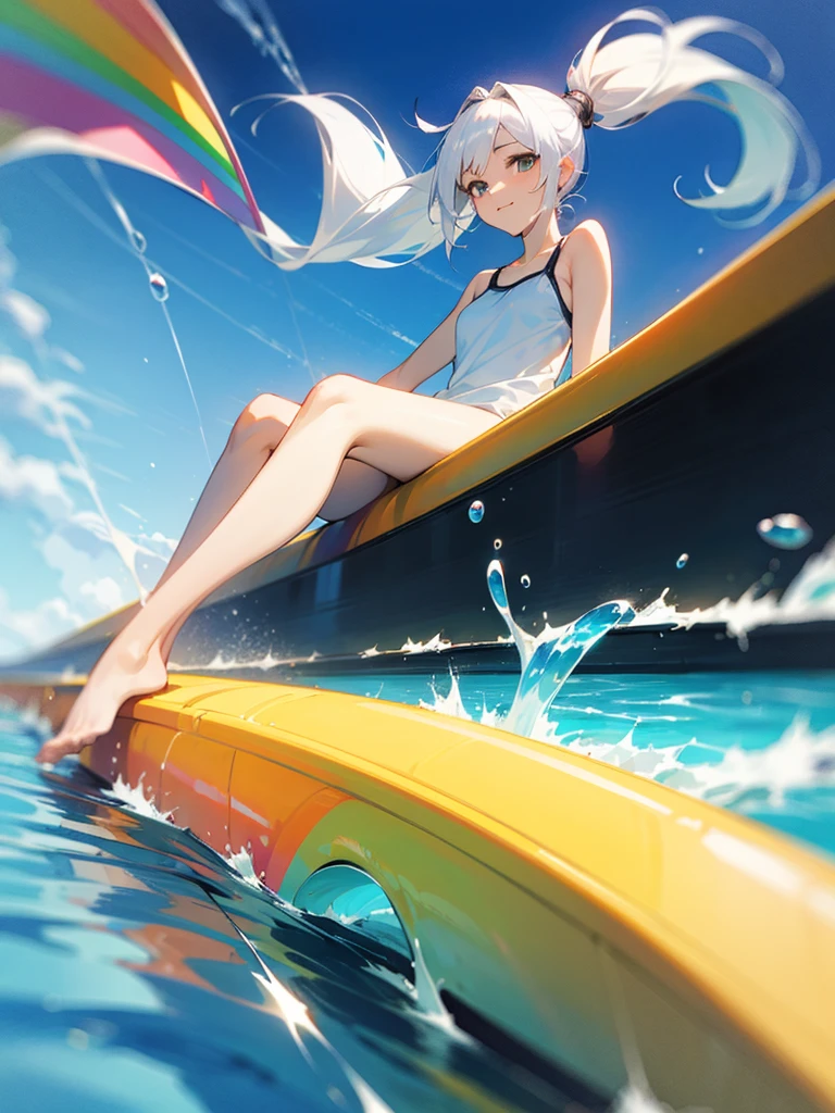 独奏,looking at viewer,white hair,topknot,White camisole swimsuit、smile、fun、rainbow, rainbow water slider, steep and long slope, sliding, sitting and sliding on the rainbow, floating hair, holding knee, playing slide,Sliding down the slide at tremendous speed, blue sky,motion blur, depth of field, line of effect,