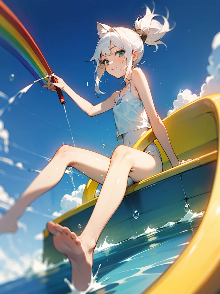 front view,独奏,looking at viewer,white hair,topknot,White camisole swimsuit、smile、fun、rainbow, rainbow water slider, steep and long slope, sliding, sitting and sliding on the rainbow, floating hair, holding knee, playing slide,Sliding down the slide at tremendous speed, blue sky,motion blur, depth of field, line of effect,