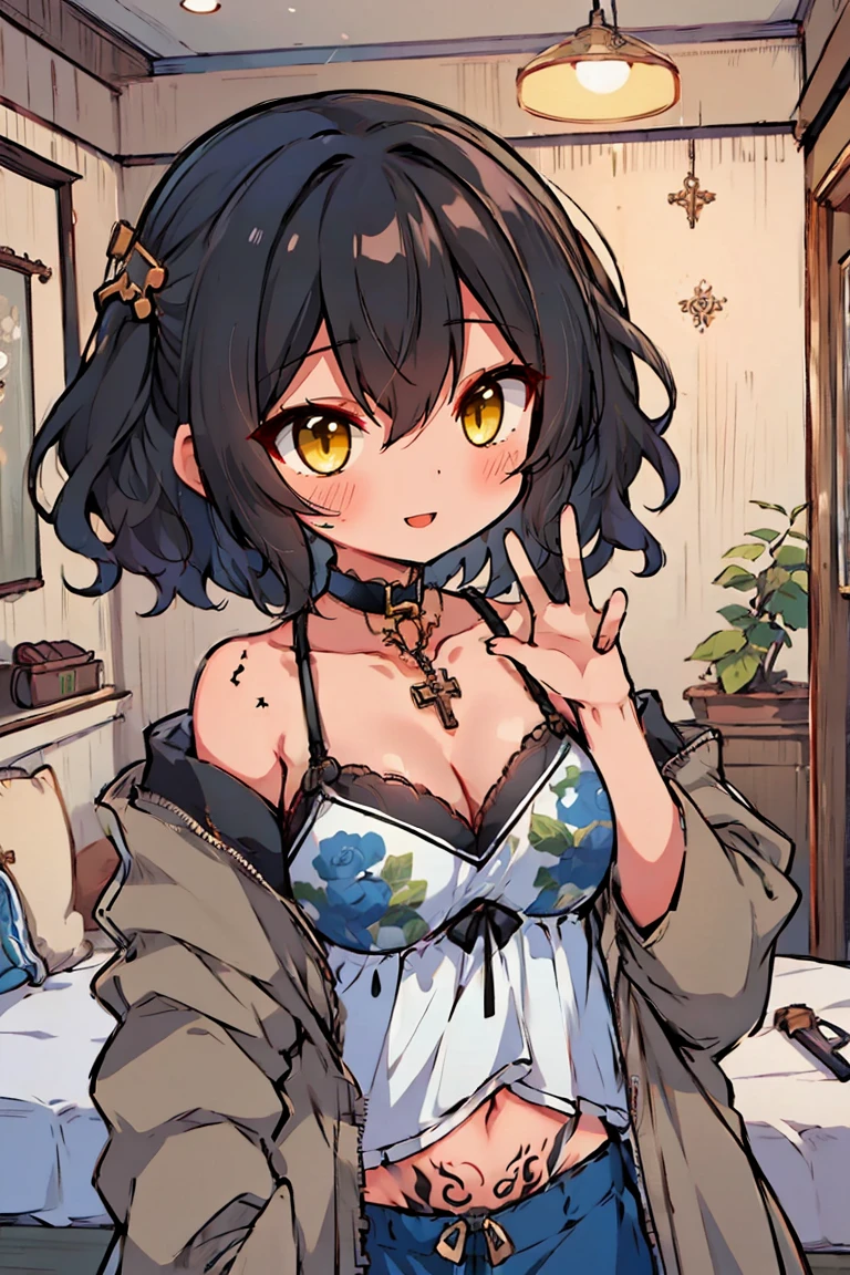 (masterpiece:1.2), (high quality:1.2), (hui xiyi:0.7), rekkyo sensen, rekkyou sensen, girls with((1girl, solo, black hair, yellow eyes, short eyebrow, (wavy medium hair, one side up:1.55), blush, breasts, choker, cleavage, coat, cowboy shot, blue rose dress, , micro bikini with delicate print, stomach tattoo, tattoo, navel, collar, collarbone, rosary, rosary choker, cross, fur, khaki hoodie, green hoodie, hood down, hooded coat, hooded jacket, hoodie, jacket, large breasts, long hair, long sleeves, medium breasts, open clothes, open coat,open hoodie, sleeveless, winter clothes, zipper, cleavage, upper body, (hand up:1.3), waving, palm)), background with((bedroom, room:2.0))