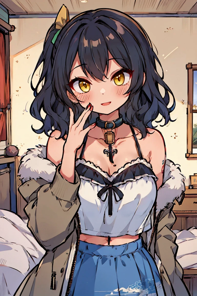 (masterpiece:1.2), (high quality:1.2), (hui xiyi:0.7), rekkyo sensen, rekkyou sensen, girls with((1girl, solo, black hair, yellow eyes, short eyebrow, (wavy long hair, one side up:1.55), blush, breasts, choker, cleavage, coat, cowboy shot, blue underwear, injury, micro bikini with delicate print, stomach tattoo, tattoo, navel, black paints, paints, collar, collarbone, rosary, rosary choker, cross, fur, khaki hoodie, green hoodie, hood down, hooded coat, hooded jacket, hoodie, jacket, large breasts, long hair, long sleeves, medium breasts, open clothes, open coat,open hoodie, sleeveless, winter clothes, zipper, cleavage, upper body, (hand up:1.3), waving, palm)), background with((bedroom, room:2.0))