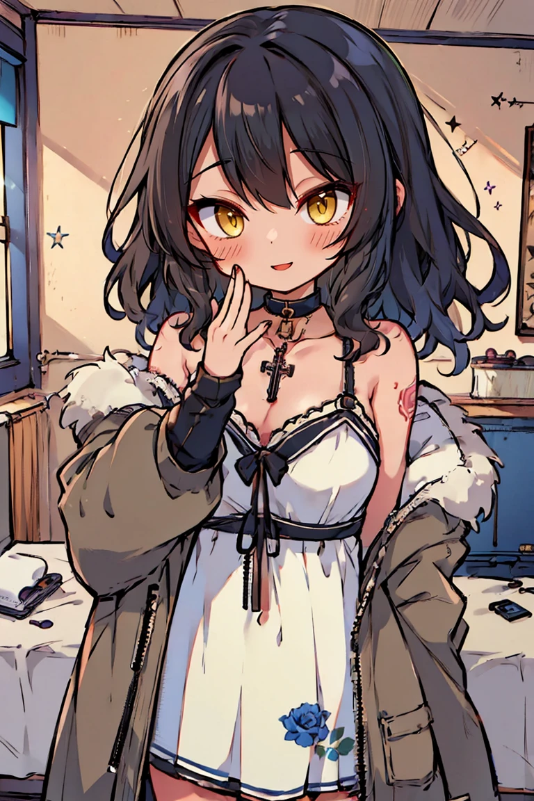 (masterpiece:1.2), (high quality:1.2), (hui xiyi:0.7), rekkyo sensen, rekkyou sensen, girls with((1girl, solo, black hair, yellow eyes, short eyebrow, (wavy medium hair, one side up:1.55), blush, breasts, choker, cleavage, coat, cowboy shot, blue rose dress, , micro bikini with delicate print, stomach tattoo, tattoo, navel, collar, collarbone, rosary, rosary choker, cross, fur, khaki hoodie, green hoodie, hood down, hooded coat, hooded jacket, hoodie, jacket, large breasts, long hair, long sleeves, medium breasts, open clothes, open coat,open hoodie, sleeveless, winter clothes, zipper, cleavage, upper body, (hand up:1.3), waving, palm)), background with((bedroom, room:2.0))