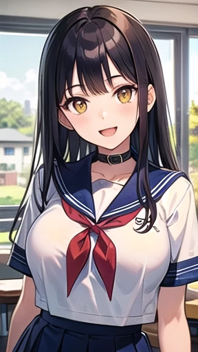 (masterpiece), (Highest quality), (Very detailed), (Beautiful illustrations), (pretty girl), 1 Girl, Black Hair, long hair,Big Breasts, Yellow Eyes, 16 years old, Sailor uniform with attention to detail, Navy blue sailor collar, Red neckerchief, Short sleeve, Navy Pleated Skirt, smile, Thinly opened mouth, close, Proximity, School classroom, from before, Upper Body,