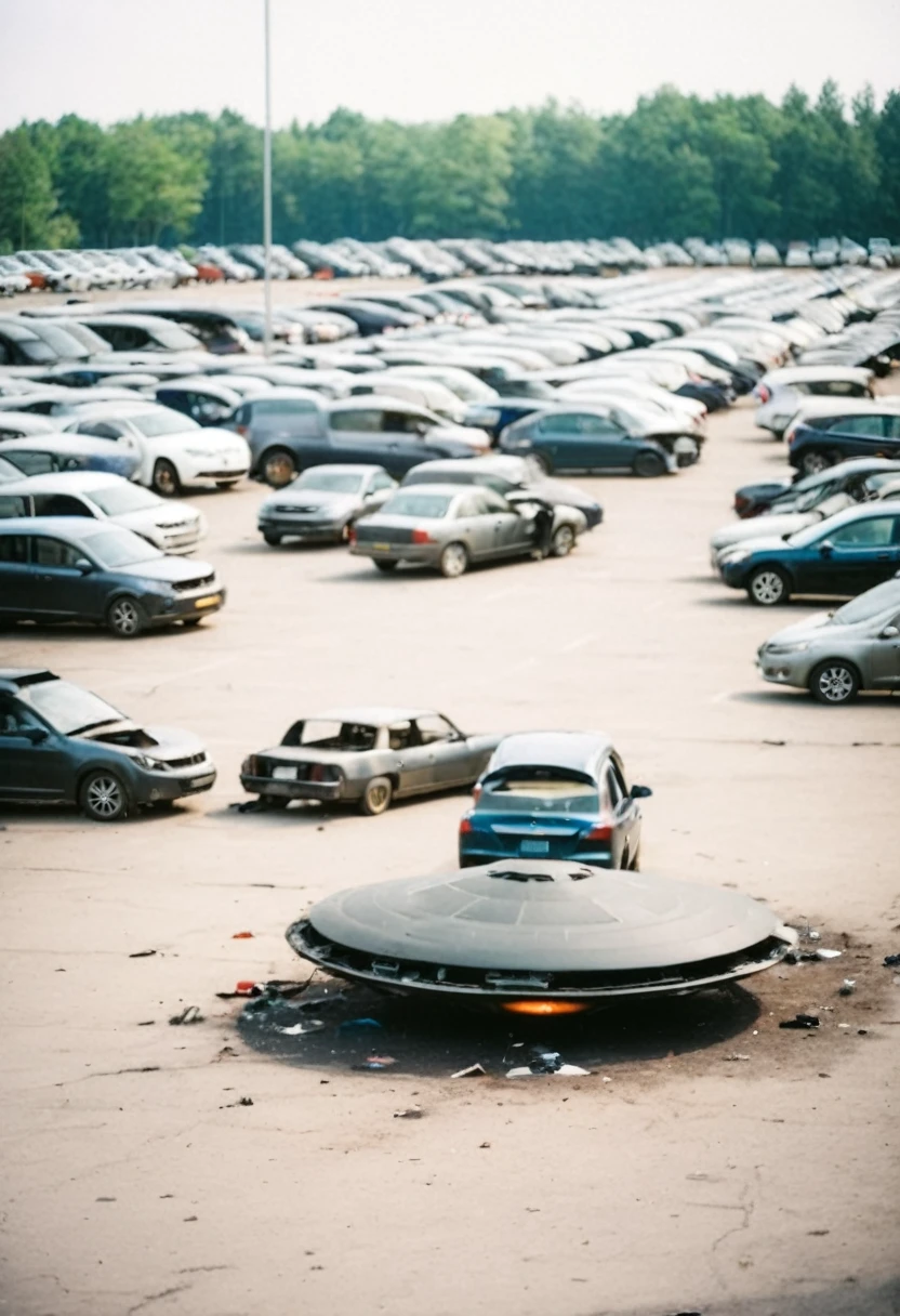 Black UFO crashed on the ground in the parking lot，Neatly arranged with many cars，Blurry Polaroid photo