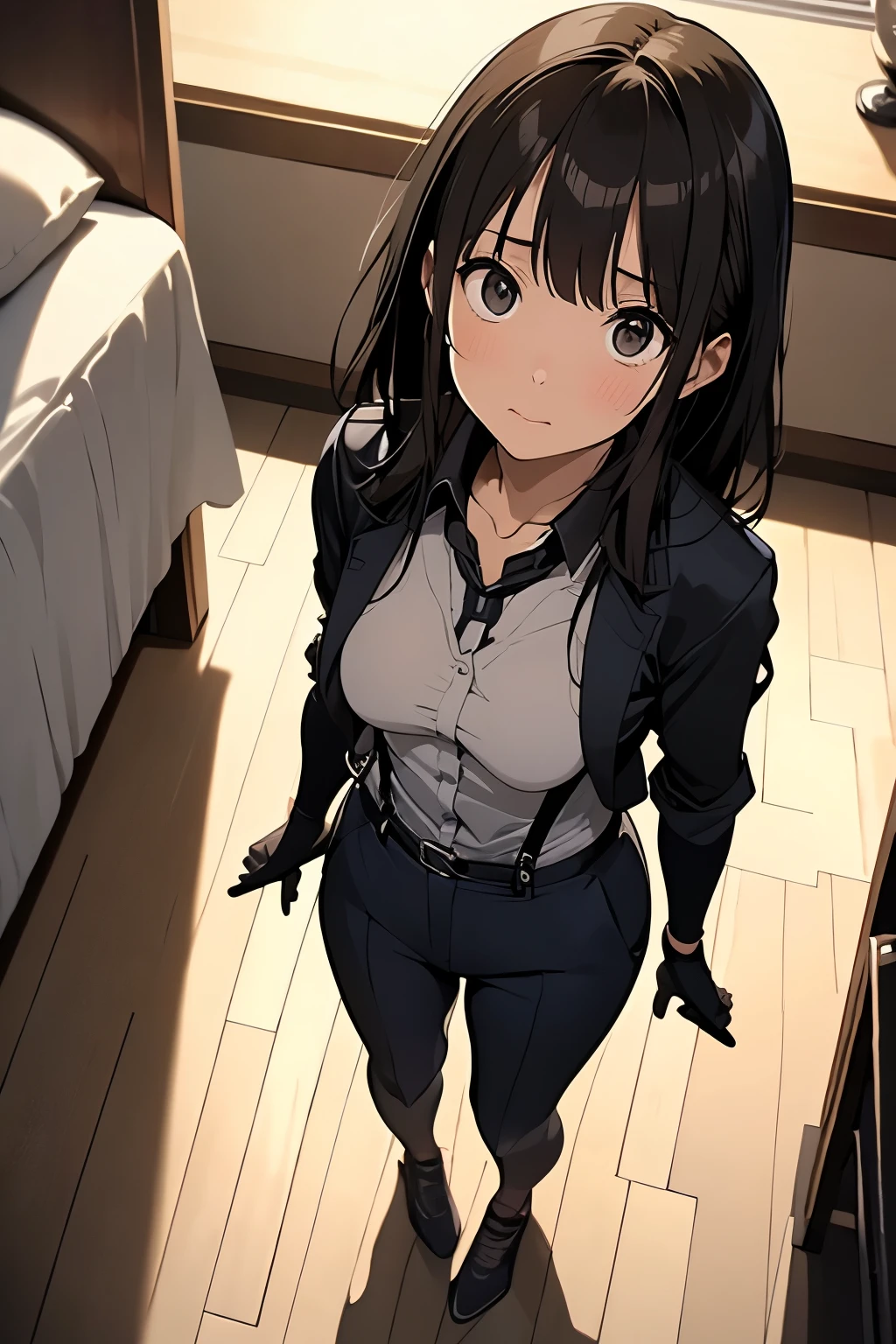 1 female, , high quality, masterpiece, Ultra-high resolution, , Cinema Lighting, , , And the suspenders with the cranes flying Moderate breasts Small face holster Lying in bed Looking up Sweat belt summer 脇Sweat Black Hole Gloves suit shirt Black jacket Black trousers Leg Links ズボンにbelt holster Hands behind your back Anxious expression Looking up Anxious face, legs apart
