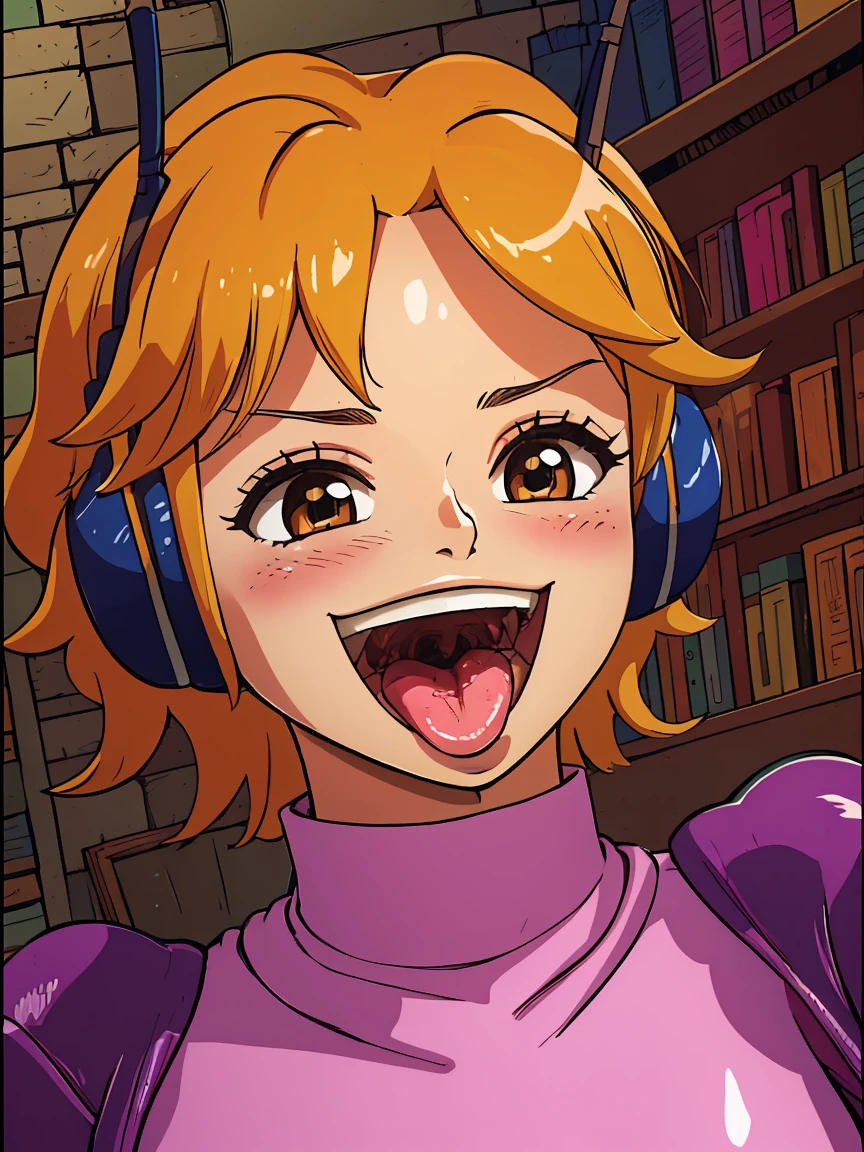 masterpiece, ((ultra detailed background, delicate pattern, intricate detail)), (highly detailed, fine details), best quality, beautiful lighting, ((medium breasts, slim girl)), 1girl, Lilith, ((mischievous smile)) ,(bangs covering one eye), ((light ginger hair)),headphones, (brown eyes), dark-purple jacket, ((pink bodysuit, full-body suit)), complex detailed background, inside, castle room environment, medieval castle, gray walls, window, bookshelf, (close-up, portrait), blush, open mouth, big mouth, tongue, tongue out, close up, saliva, uvula, uvula, room, mouth focus, excessive saliva,