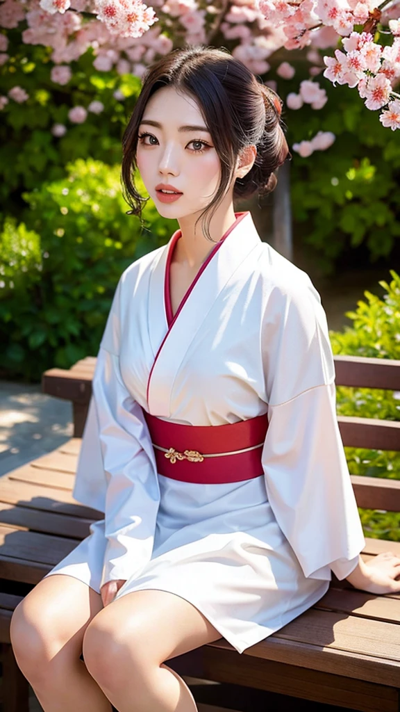 A 20-year-old woman wearing a light-colored kimono sitting elegantly on a bench in the city, classic Japanese kimono style, inspired by Torii Kiyomoto’s work, graceful and traditional appearance, detailed patterns and textures on the kimono, soft and cool color palette, serene and composed expression, traditional Japanese setting with urban elements, delicate cherry blossoms in the background, high attention to cultural details, perfect lighting, masterpiece, best quality, ultra highres, original, extremely detailed