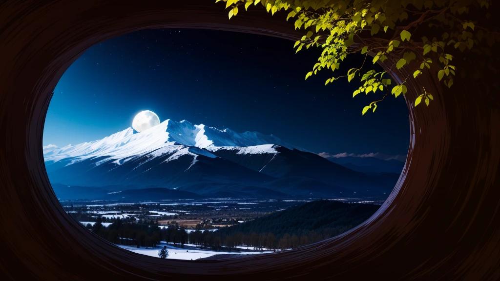 un magnifique paysage de pleine lune, montagne, collines, lune bleue, forêt, des arbres, nuit