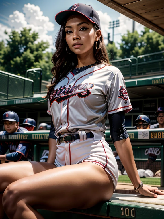 ((She is sitting on the dugout bench with her legs spread wide and exposing her crotch.:2.0))、(Raise your hands to show your armpits_Big Breasts_Narrow waist_Nakajiri_Perfect proportions_Detailed tanned skin_Sexy_young_A beautiful woman:1.47)、(Female baseball player、Baseball uniform、Baseball cap、Shorts、gloves:1.4)、(Highest quality、4K、8K、High resolution、masterpiece:1.2)、Super detailed、(Real、Photorealistic、Photorealistic:1.37)、Detailed portrait、Highly detailed face、Intricate details、Dynamic action poses、Cinematic lighting、Bright colors、Sports action scene、Warm colors、Chiaroscuro Lighting、Dramatic Shadows、Photorealisticなレンダリング