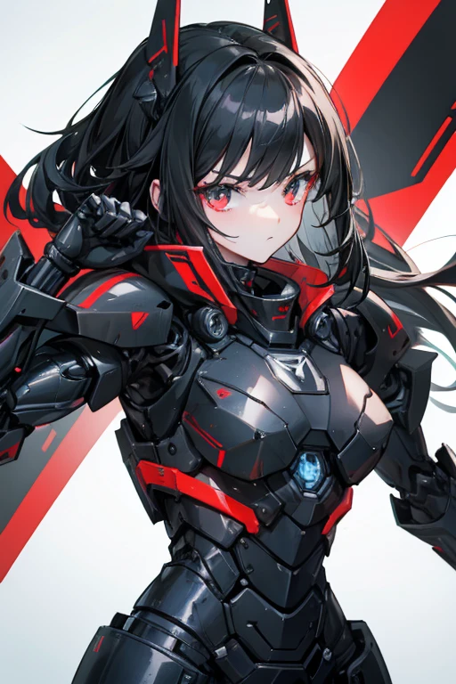 Female Android girl masterpiece Black Armor Redline Long Black Hair high school girl Mechanical Combatant Upper Body Combat readiness