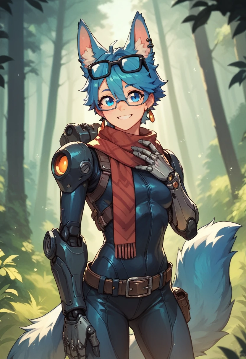 fluffy, Lombax rivet, Blue eyes, animal ears, earrings, glasses on head, bang, mechanical arms, scarf, bodysuit, belt, tail, the forest, smile, 
