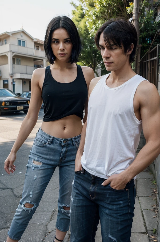 Damon Salvatore a black hair gothic man and Zara a short hair girl arrive at the open garage on a very sunny day, their footsteps crunching on the gravel. The sun beats down, making the air shimmer with heat. Damon, in his fitted t-shirt and worn jeans, heads straight for the black Mustang GT. Zara, in her tank top and ripped jeans, follows, both already glistening with sweat.