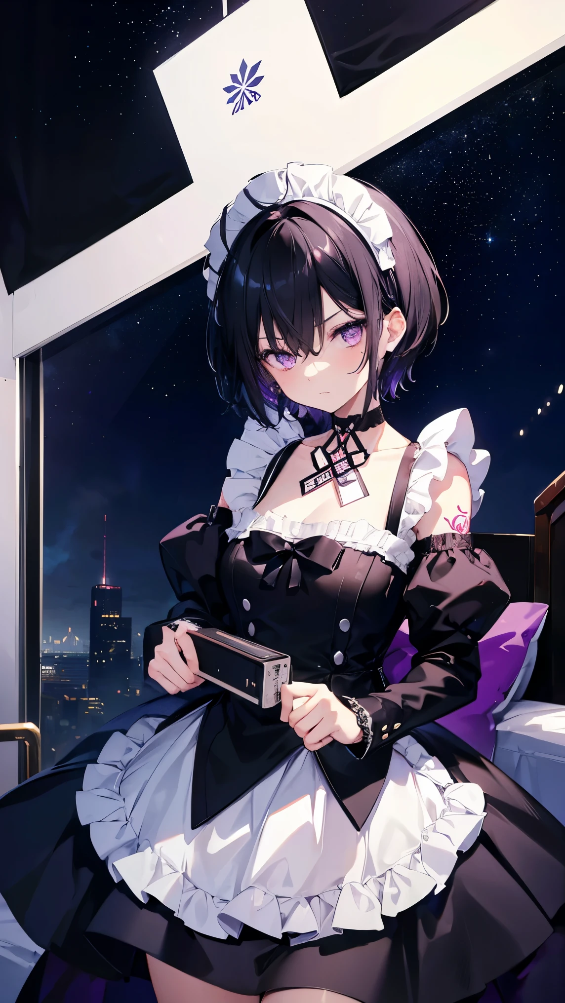 High resolution,high resolution,Girl,Black Hair,Short Hair,Purple Eyes,Slanted Eyes,Bad mood,boyish,slender,Toned body,Classic maid outfit,,Tattoo,Bedroom,low length,Starry Sky,choker,,