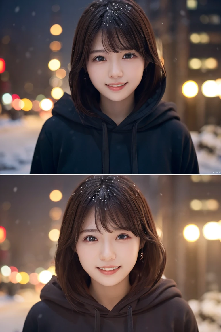 1 Girl, (Wear a black hoodie:1.2), (RAW Photos, highest qualthaty), (Realistic, Realistic:1.4), Tabletop, Very delicate and beautiful, Very detailed, 2k wallpaper, wonderful, finely, Very detailed CG Unthaty 8K 壁紙, Very detailed, High resolution, Soft Light, Beautiful detailed girl, Very detailed目と顔, Beautiful and sophisticated nose, finelyて美しい目, Cinema Lighting, Illuminations that light up the cthaty on a snowy night, Snow Scene, that'that'that'it's snowing, Snow fell in my hair, Perfect Anatomy, Slender body, Was nervous,
Straight semi-long hair, bangs, Looking at the audience, smile、Fluffy scarf