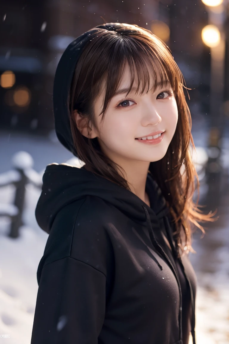 1 Girl, (Wear a black hoodie:1.2), (RAW Photos, highest qualthaty), (Realistic, Realistic:1.4), Tabletop, Very delicate and beautiful, Very detailed, 2k wallpaper, wonderful, finely, Very detailed CG Unthaty 8K 壁紙, Very detailed, High resolution, Soft Light, Beautiful detailed girl, Very detailed目と顔, Beautiful and sophisticated nose, finelyて美しい目, Cinema Lighting, Illuminations that light up the cthaty on a snowy night, Snow Scene, that'that'that'it's snowing, Snow fell in my hair, Perfect Anatomy, Slender body, Was nervous,
Straight semi-long hair, bangs, Looking at the audience, smile、Fluffy scarf