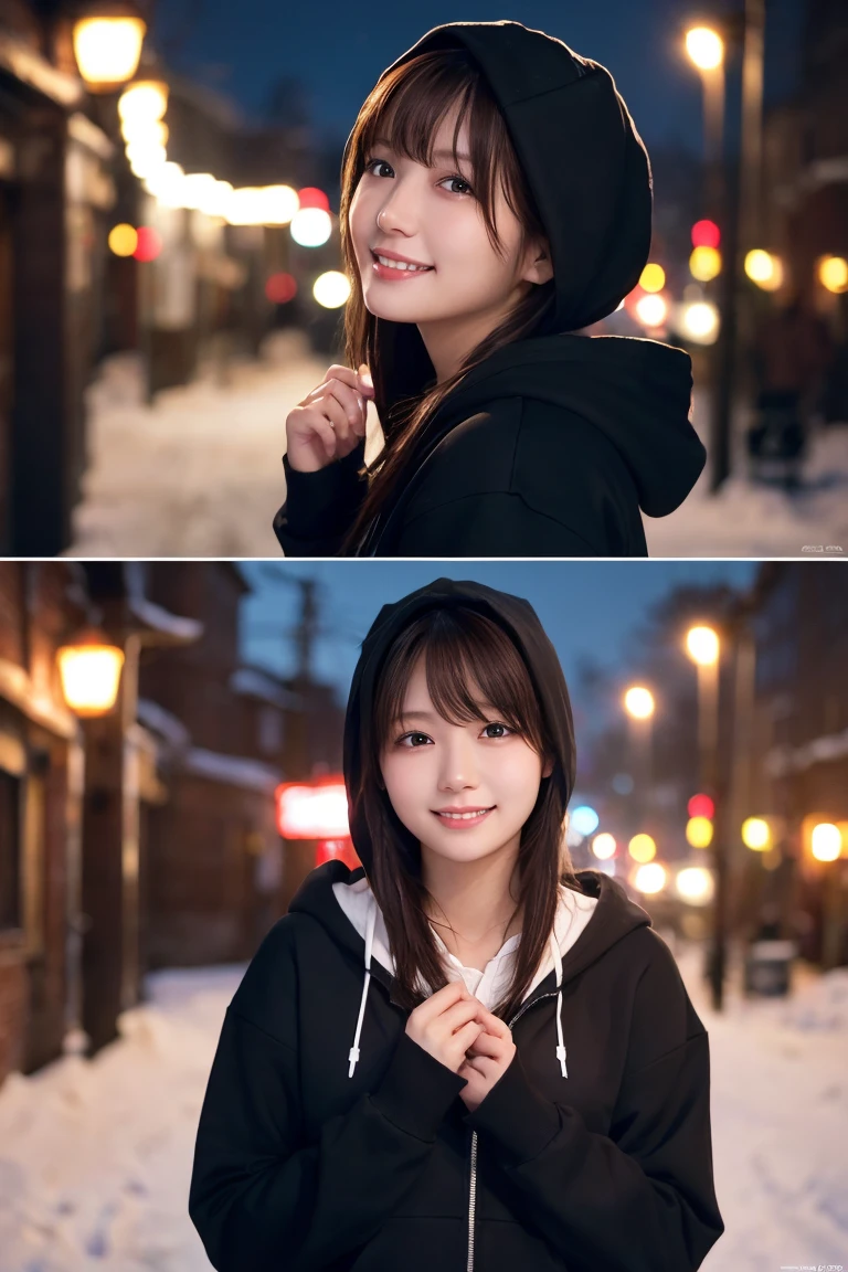 1 Girl, (Wear a black hoodie:1.2), (RAW Photos, highest qualthaty), (Realistic, Realistic:1.4), Tabletop, Very delicate and beautiful, Very detailed, 2k wallpaper, wonderful, finely, Very detailed CG Unthaty 8K 壁紙, Very detailed, High resolution, Soft Light, Beautiful detailed girl, Very detailed目と顔, Beautiful and sophisticated nose, finelyて美しい目, Cinema Lighting, Illuminations that light up the cthaty on a snowy night, Snow Scene, that'that'that'it's snowing, Snow fell in my hair, Perfect Anatomy, Slender body, Was nervous,
Straight semi-long hair, bangs, Looking at the audience, smile、Fluffy scarf