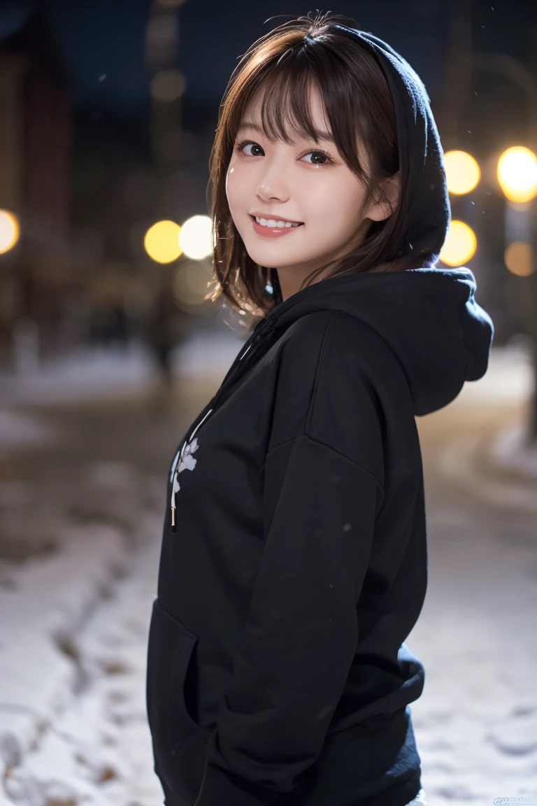 1 Girl, (Wear a black hoodie:1.2), (RAW Photos, highest qualthaty), (Realistic, Realistic:1.4), Tabletop, Very delicate and beautiful, Very detailed, 2k wallpaper, wonderful, finely, Very detailed CG Unthaty 8K 壁紙, Very detailed, High resolution, Soft Light, Beautiful detailed girl, Very detailed目と顔, Beautiful and sophisticated nose, finelyて美しい目, Cinema Lighting, Illuminations that light up the cthaty on a snowy night, Snow Scene, that'that'that'it's snowing, Snow fell in my hair, Perfect Anatomy, Slender body, Was nervous,
Straight semi-long hair, bangs, Looking at the audience, smile、Fluffy scarf