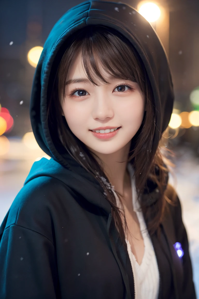 1 Girl, (Wear a black hoodie:1.2), (RAW Photos, highest qualthaty), (Realistic, Realistic:1.4), Tabletop, Very delicate and beautiful, Very detailed, 2k wallpaper, wonderful, finely, Very detailed CG Unthaty 8K 壁紙, Very detailed, High resolution, Soft Light, Beautiful detailed girl, Very detailed目と顔, Beautiful and sophisticated nose, finelyて美しい目, Cinema Lighting, Illuminations that light up the cthaty on a snowy night, Snow Scene, that'that'that'it's snowing, Snow fell in my hair, Perfect Anatomy, Slender body, Was nervous,
Straight semi-long hair, bangs, Looking at the audience, smile、Fluffy scarf