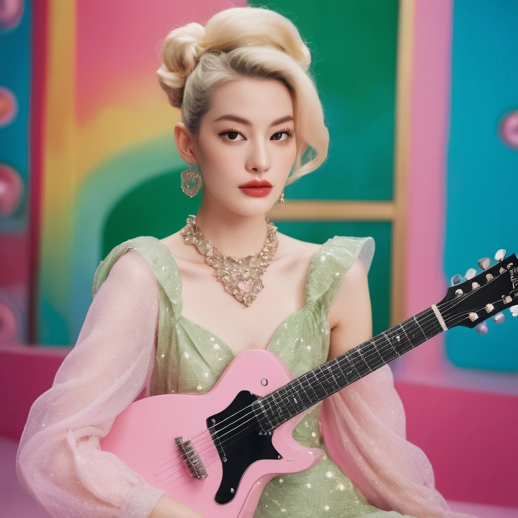 a candid photo portrait of an eccentric kawaii blonde barbie doll Korean queen, retro-futuristic, still from the film, ((solo)), (Anne Hathaway look alike face: 0.9), playing guitar on stage, looking at camera :: a pastel galaxy universum with stars and nebulas, pink futuristic haute couture , pastel green and pink colors, vintage, Leica SL3, Summicron-SL 75 f/2 ASPH, kodak gold 200 film, bare shoulder, dynamic action pose,