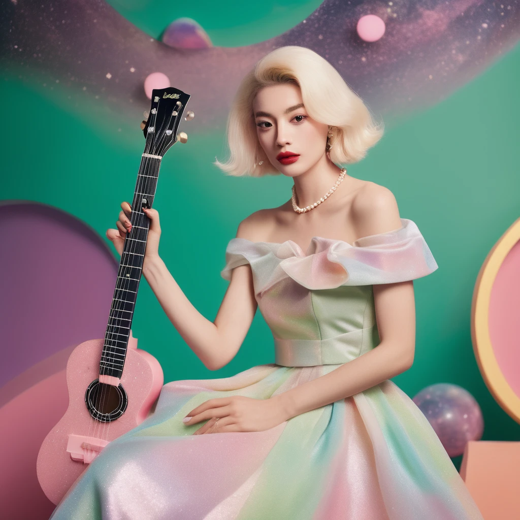 a candid photo portrait of an eccentric kawaii blonde barbie doll Korean queen, retro-futuristic, still from the film, ((solo)), (Anne Hathaway look alike face: 0.9), playing guitar on stage, looking at camera :: a pastel galaxy universum with stars and nebulas, pink futuristic haute couture , pastel green and pink colors, vintage, Leica SL3, Summicron-SL 75 f/2 ASPH, kodak gold 200 film, bare shoulder, dynamic action pose,