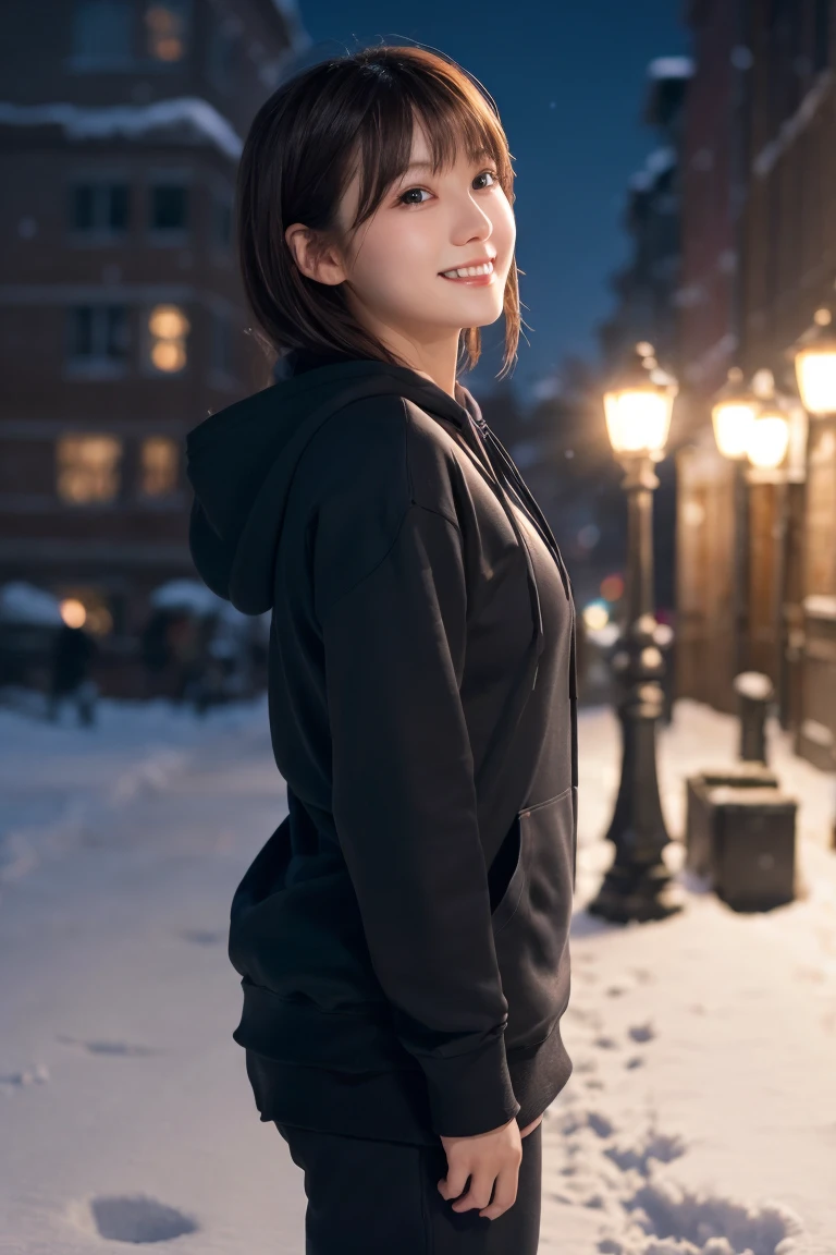 1 Girl, (Wear a black hoodie:1.2), (RAW Photos, highest qualthaty), (Realistic, Realistic:1.4), Tabletop, Very delicate and beautiful, Very detailed, 2k wallpaper, wonderful, finely, Very detailed CG Unthaty 8K 壁紙, Very detailed, High resolution, Soft Light, Beautiful detailed girl, Very detailed目と顔, Beautiful and sophisticated nose, finelyて美しい目, Cinema Lighting, Illuminations that light up the cthaty on a snowy night, Snow Scene, that&#39;that&#39;that&#39;it&#39;s snowing, Snow fell in my hair, Perfect Anatomy, Slender body, Was nervous, 
Straight semi-long hair, bangs, Looking at the audience, smile、Fluffy scarf