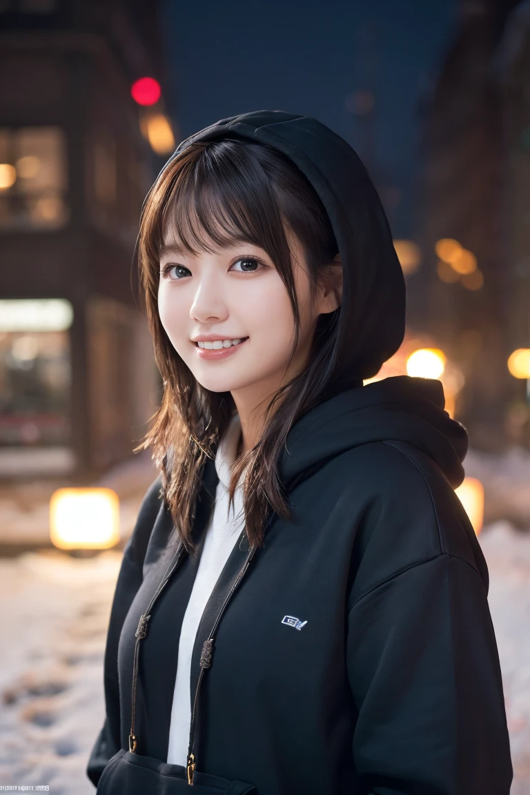 1 Girl, (Wear a black hoodie:1.2), (RAW Photos, highest qualthaty), (Realistic, Realistic:1.4), Tabletop, Very delicate and beautiful, Very detailed, 2k wallpaper, wonderful, finely, Very detailed CG Unthaty 8K 壁紙, Very detailed, High resolution, Soft Light, Beautiful detailed girl, Very detailed目と顔, Beautiful and sophisticated nose, finelyて美しい目, Cinema Lighting, Illuminations that light up the cthaty on a snowy night, Snow Scene, that&#39;that&#39;that&#39;it&#39;s snowing, Snow fell in my hair, Perfect ???????, Slender body, Was nervous, 
Straight semi-long hair, bangs, Looking at the audience, smile、Fluffy scarf