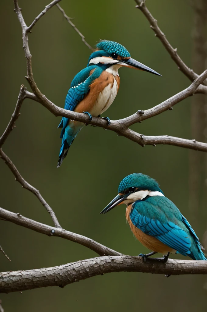 At the edge of a forest, a kingfisher perched on a branch.