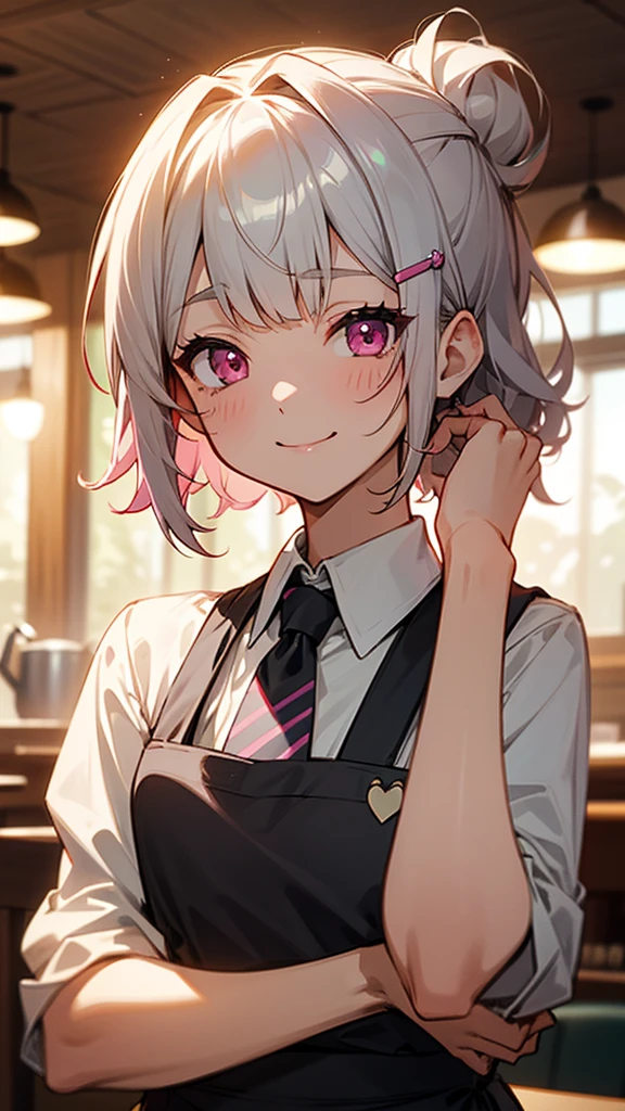 1girl、コーヒーショップで働くgirl、Wicked Smile、Upper body close-up、apron、Inside the coffee shop、Silver and bob short hairstyle、Tie your hair up with a hair clip、Pink Eyes、Perfect lighting、Warm colors