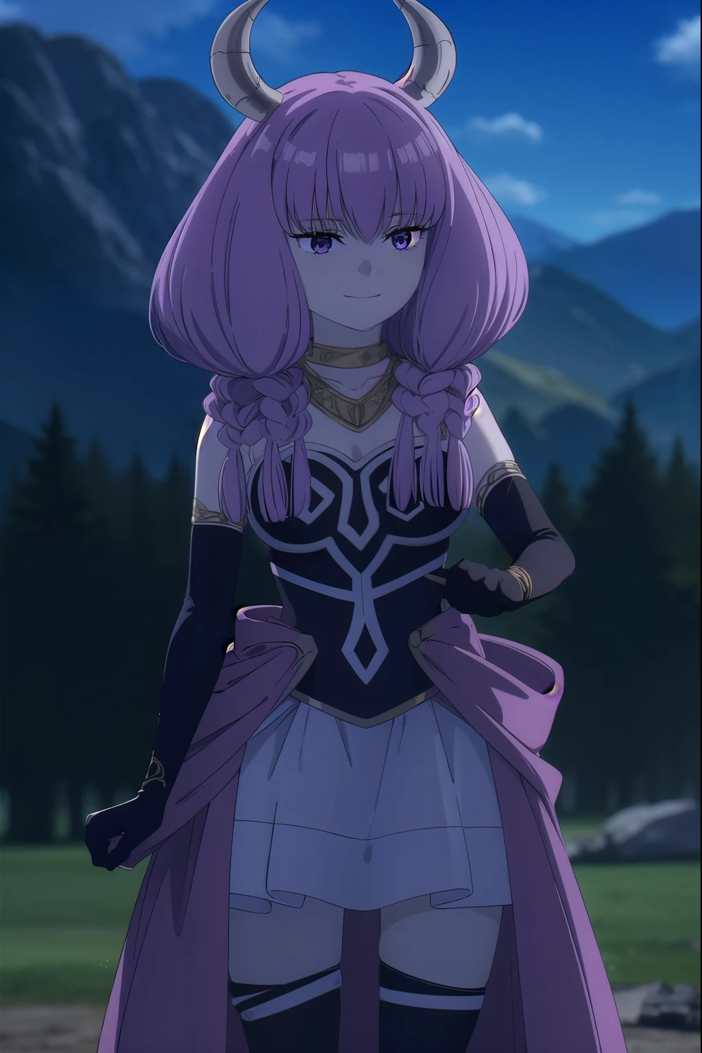 Aura the Guillotine, Aura the Guillotine, Long Hair, (Purple eyes:1.1), Purple Hair, Braiding, horn, twin Braidings, smile,
skirt, Knee socks, gloves, choker, black gloves, elbow gloves, Magical girl, outdoors, garden, sun, null, cloud, looking at viewer, standing, (masterpiece:1.2), Highest quality, High resolution, unity 8k wallpaper, (figure:0.8), (Beautiful attention to detail:1.6), Highly detailed face, Perfect lighting, Highly detailed CG, (Perfect hands, Perfect Anatomy), full body