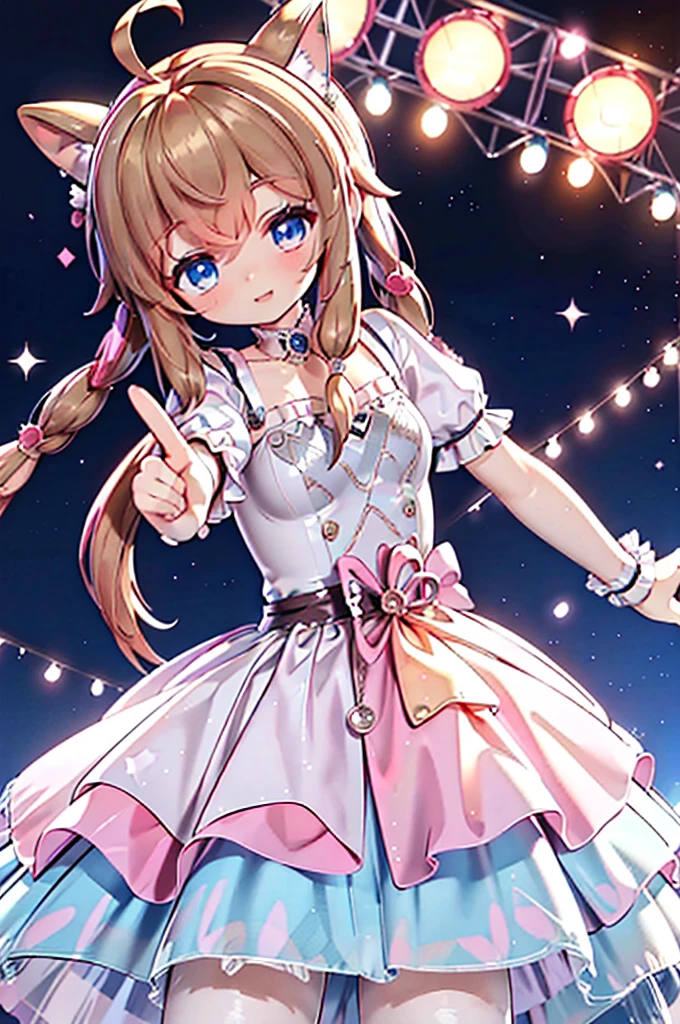 Solo girl, comical, kawaii, Blue eyes, light brown hair, back high twintails, front braids, princess dress, smile, front view, stand at the stage, neon and led lights, posing, sexy, high-resolution image, masterpiece, high quality, attractive eyes, ((dutch angle))