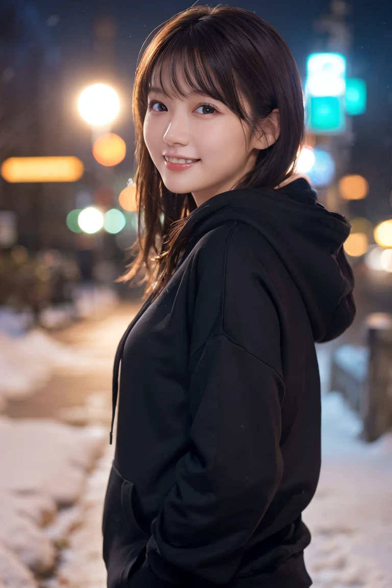 1 Girl, (Wear a black hoodie:1.2), (RAW Photos, highest qualthaty), (Realistic, Realistic:1.4), Tabletop, Very delicate and beautiful, Very detailed, 2k wallpaper, wonderful, finely, Very detailed CG Unthaty 8K 壁紙, Very detailed, High resolution, Soft Light, Beautiful detailed girl, Very detailed目と顔, Beautiful and sophisticated nose, finelyて美しい目, Cinema Lighting, Illuminations that light up the cthaty on a snowy night, Snow Scene, that'that'that'it's snowing, Snow fell in my hair, Perfect Anatomy, Slender body, Was nervous,
Straight semi-long hair, bangs, Looking at the audience, smile、Fluffy scarf