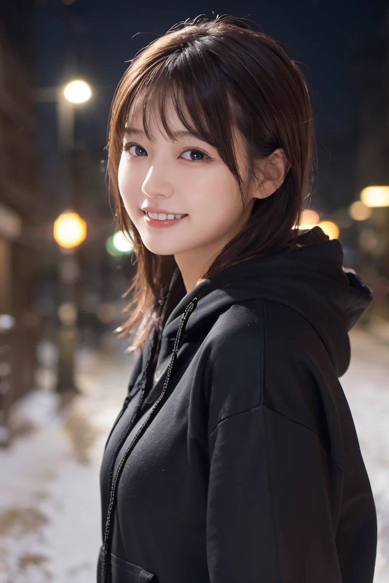 1 Girl, (Wear a black hoodie:1.2), (RAW Photos, highest qualthaty), (Realistic, Realistic:1.4), Tabletop, Very delicate and beautiful, Very detailed, 2k wallpaper, wonderful, finely, Very detailed CG Unthaty 8K 壁紙, Very detailed, High resolution, Soft Light, Beautiful detailed girl, Very detailed目と顔, Beautiful and sophisticated nose, finelyて美しい目, Cinema Lighting, Illuminations that light up the cthaty on a snowy night, Snow Scene, that'that'that'it's snowing, Snow fell in my hair, Perfect Anatomy, Slender body, Was nervous,
Straight semi-long hair, bangs, Looking at the audience, smile、Fluffy scarf
