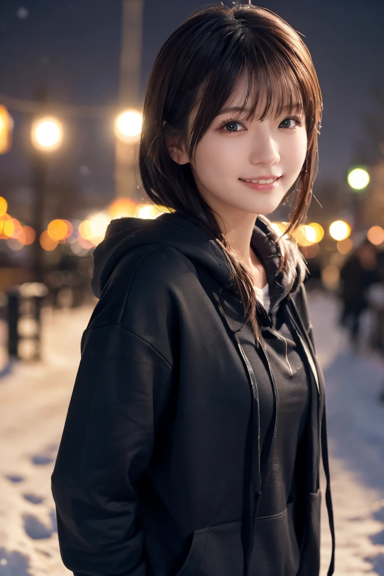 1 Girl, (Wear a black hoodie:1.2), (RAW Photos, highest qualthaty), (Realistic, Realistic:1.4), Tabletop, Very delicate and beautiful, Very detailed, 2k wallpaper, wonderful, finely, Very detailed CG Unthaty 8K 壁紙, Very detailed, High resolution, Soft Light, Beautiful detailed girl, Very detailed目と顔, Beautiful and sophisticated nose, finelyて美しい目, Cinema Lighting, Illuminations that light up the cthaty on a snowy night, Snow Scene, that'that'that'it's snowing, Snow fell in my hair, Perfect Anatomy, Slender body, Was nervous,
Straight semi-long hair, bangs, Looking at the audience, smile、Fluffy scarf