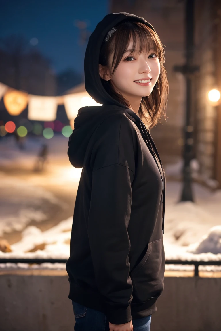 1 Girl, (Wear a black hoodie:1.2), (RAW Photos, highest qualthaty), (Realistic, Realistic:1.4), Tabletop, Very delicate and beautiful, Very detailed, 2k wallpaper, wonderful, finely, Very detailed CG Unthaty 8K 壁紙, Very detailed, High resolution, Soft Light, Beautiful detailed girl, Very detailed目と顔, Beautiful and sophisticated nose, finelyて美しい目, Cinema Lighting, Illuminations that light up the cthaty on a snowy night, Snow Scene, that&#39;that&#39;that&#39;it&#39;s snowing, Snow fell in my hair, Perfect Anatomy, Slender body, Was nervous, 
Straight semi-long hair, bangs, Looking at the audience, smile、Fluffy scarf