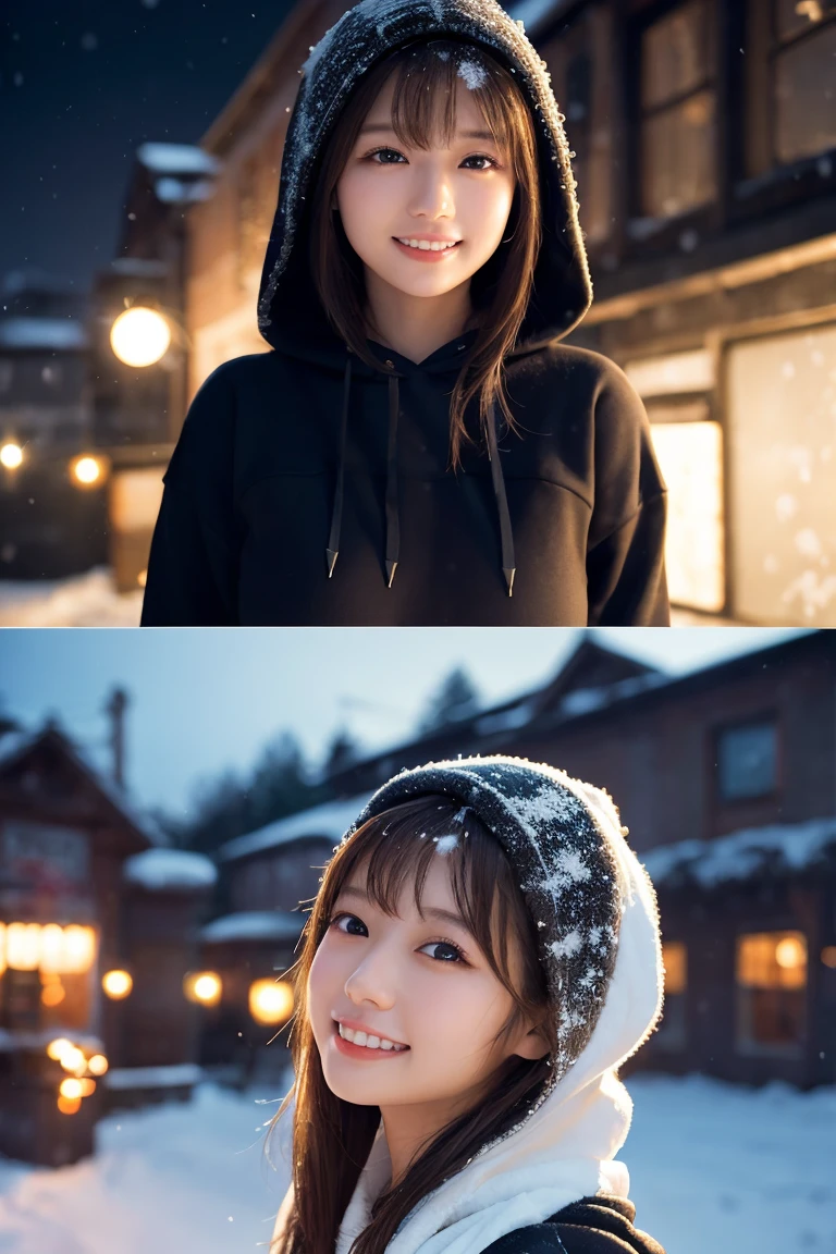 1 Girl, (Wear a black hoodie:1.2), (RAW Photos, highest qualthaty), (Realistic, Realistic:1.4), Tabletop, Very delicate and beautiful, Very detailed, 2k wallpaper, wonderful, finely, Very detailed CG Unthaty 8K 壁紙, Very detailed, High resolution, Soft Light, Beautiful detailed girl, Very detailed目と顔, Beautiful and sophisticated nose, finelyて美しい目, Cinema Lighting, Illuminations that light up the cthaty on a snowy night, Snow Scene, that'that'that'it's snowing, Snow fell in my hair, Perfect Anatomy, Slender body, Was nervous,
Straight semi-long hair, bangs, Looking at the audience, smile、Fluffy scarf