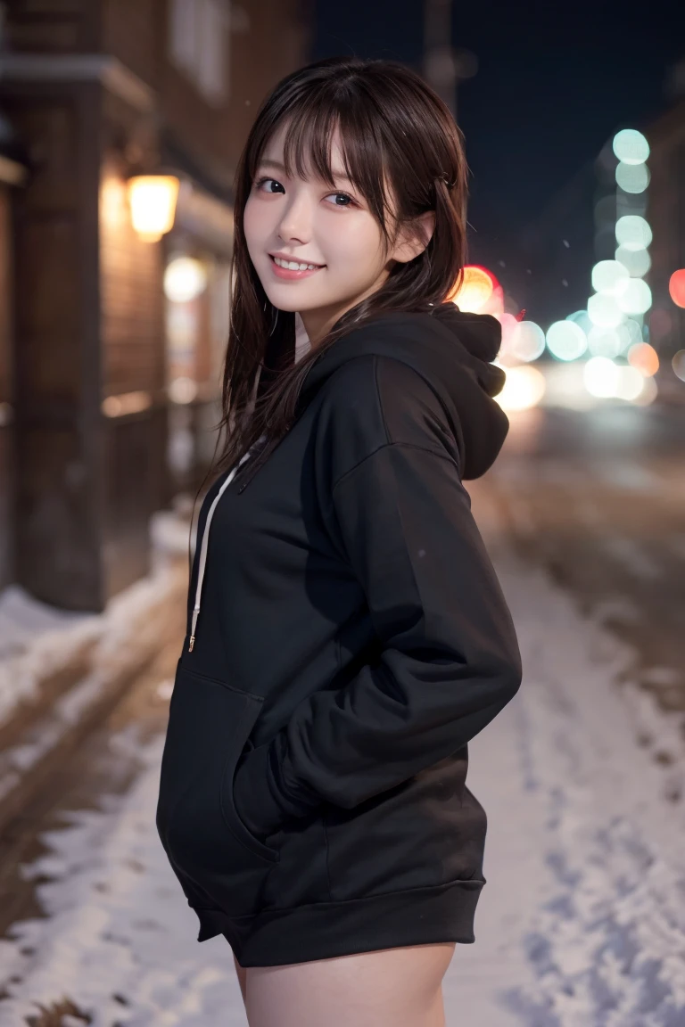 1 Girl, (Wear a black hoodie:1.2), (RAW Photos, highest qualthaty), (Realistic, Realistic:1.4), Tabletop, Very delicate and beautiful, Very detailed, 2k wallpaper, wonderful, finely, Very detailed CG Unthaty 8K 壁紙, Very detailed, High resolution, Soft Light, Beautiful detailed girl, Very detailed目と顔, Beautiful and sophisticated nose, finelyて美しい目, Cinema Lighting, Illuminations that light up the cthaty on a snowy night, Snow Scene, that&#39;that&#39;that&#39;it&#39;s snowing, Snow fell in my hair, Perfect Anatomy, Slender body, Was nervous, 
Straight semi-long hair, bangs, Looking at the audience, smile、Fluffy scarf