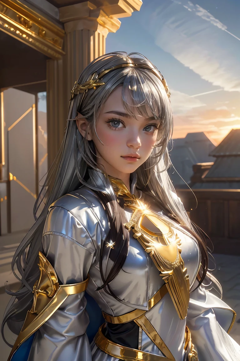 ((masterpiece, best quality, extremely detailed), volumetric lighting, ambient occlusion, colorful, glowing), 1girl, solo, young girl, (dark hair), long hair, halo, aura, sacred, goddess, cleric suit, (silver outfit with gold detailst:1.3), armor, outdoors, sunset, sky, clouds, space, (fantasy theme:1.2),