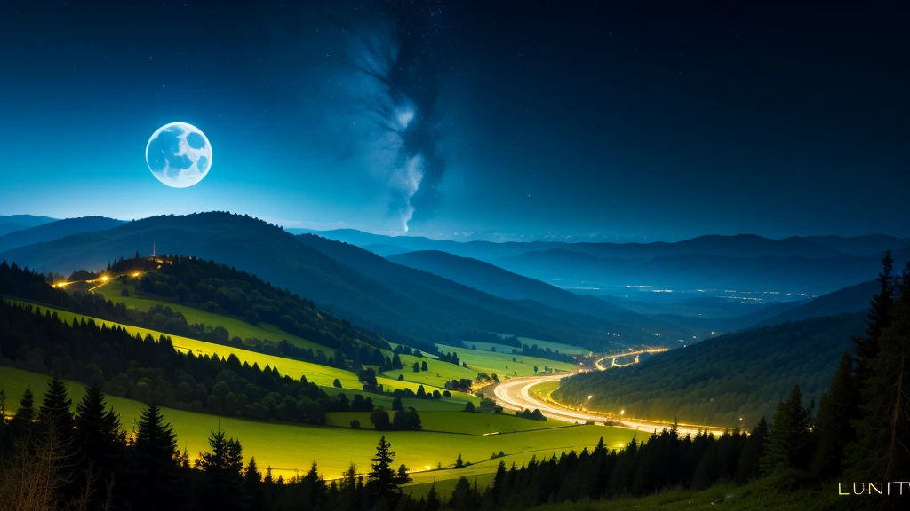 un magnifique paysage de pleine lune, montagne, collines, lune bleue, forêt, des arbres, nuit