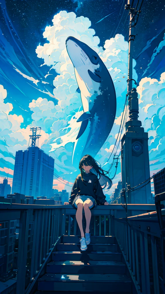 masterpiece, Exquisite detail,Highest quality, One girl, alone, handrail, cloud, Looking up at the buildings,Long Hair, NULL, Long sleeve, Power lines, White footwear, Black Hair, View your viewers, Electric pole, bangs, cloudy NULL, fish, bird, Green Eyes, Shorts, Day, Black Shirt, barefoot,Whale flying in the sky,Giant whale,night,Star,milky way,night,Pitch black,Buildings,Sitting, High quality anime art style,Standing painting,Splash ink background,Blue Themes,Clear Face,Distinct facial features,Clear eyes and nose,beautiful,