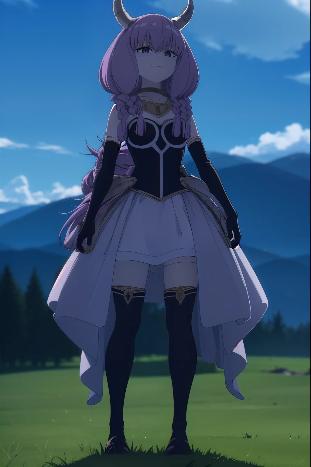 (masterpiece),( Highest quality), (High resolution), (unity 8k wallpaper), (figure:0.8), (Beautiful attention to detail:1.6), (Highly detailed face), (Aura the Guillotine), One Girl, Purple eyes, Long Hair, Purple Hair, Braiding, horn, twin Braidings, smile, skirt, Knee socks, gloves, choker, black gloves, elbow gloves, Magical girl, looking at viewer, standing, Perfect lighting, Highly detailed CG, (Perfect hands, Perfect Anatomy), full body, standing, outdoors, garden, sun, null, cloud