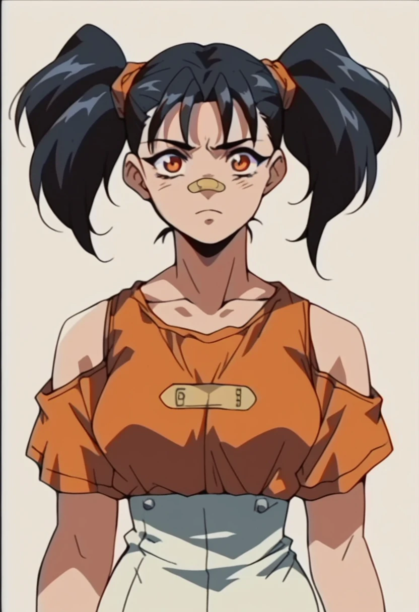  1990s \(style\), One busty woman, Black Hair,   Facing forward, Twin tails,  Orange eyeaid clothes，