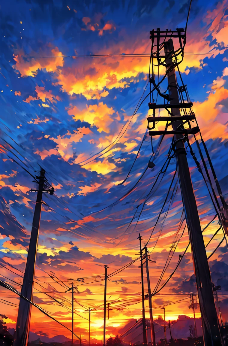 masterpiece, Concept Art, A painting (telephone pole:1.5) , Beautiful sunset, Dynamic sky,