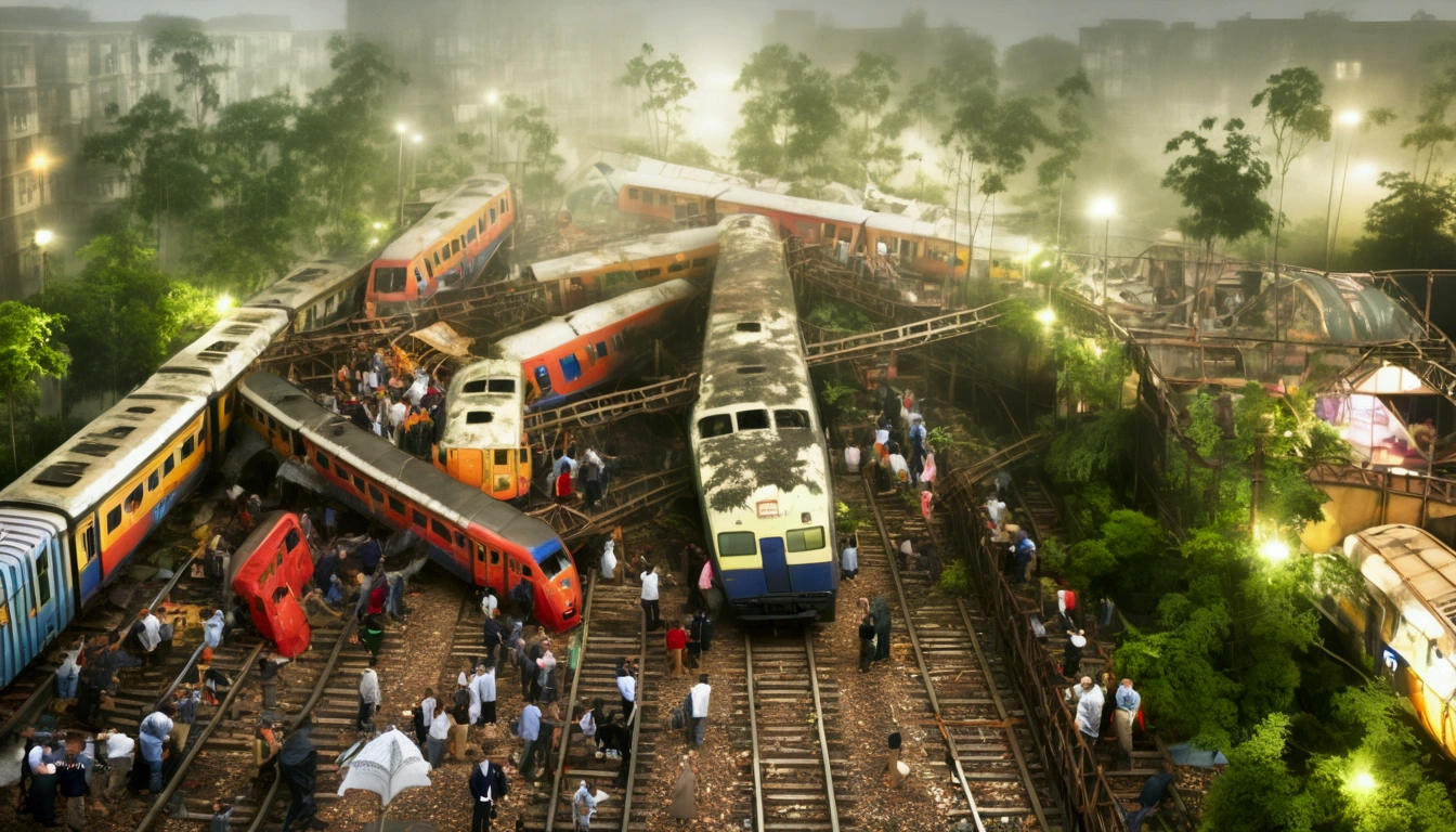 .(Night, Dark, terrible, Ghastly, dreariness:1.9), (foggy:1.7), (There is a railway nearby:1.5), (Dilapidated trains Two trains collided with each other on railways:1.6), (in rainforest alleys:1.3), ((((Multi-storey and complex forest)))), (Dilapidated building:1.6), (brick walls:1.3), (Ray tracing, The lighting is correct:1.8), (Photorealistic:2), ((hyper HD, tmasterpiece, Super detail, offcial art)), (horde of zombies:1.0)