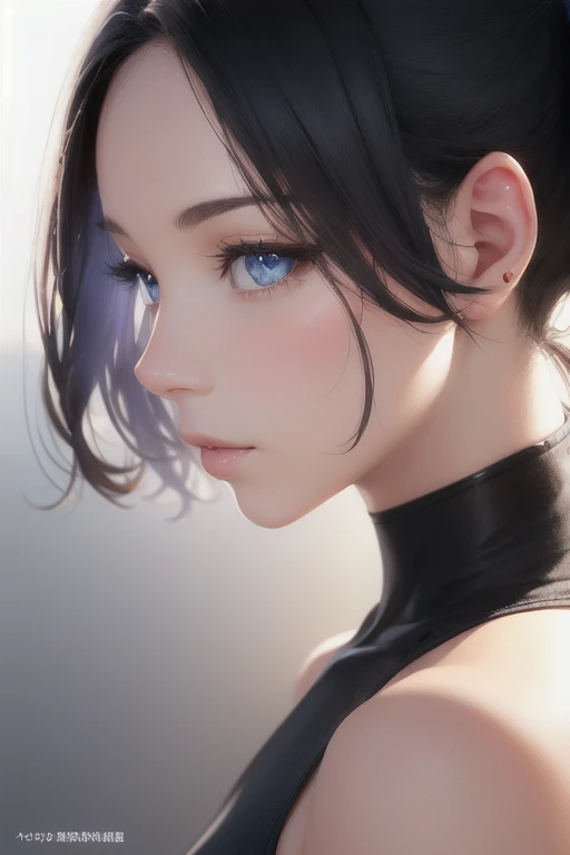 girl,Character design sheet,Beautiful attention to detail,Beautiful lip detail,Very detailed目と顔,Long eyelashes,Realistic,photoRealistic:1.37,Very detailed,Professional,Vibrant colors,Portraiture,Studio Lighting,Sharp focus,Physically Based Rendering,High resolution,超High resolution. blue eyes,Big eyes， Short Hair，Ponytail，Black Hair，Forehead，Lower eyes，Nape、Shoulder，profile