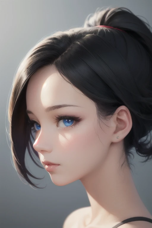 girl,Character design sheet,Beautiful attention to detail,Beautiful lip detail,Very detailed目と顔,Long eyelashes,Realistic,photoRealistic:1.37,Very detailed,Professional,Vibrant colors,Portraiture,Studio Lighting,Sharp focus,Physically Based Rendering,High resolution,超High resolution. blue eyes,Big eyes, Short Hair,Ponytail,Black Hair,Forehead,Lower eyes,Nape、Shoulder,profile
