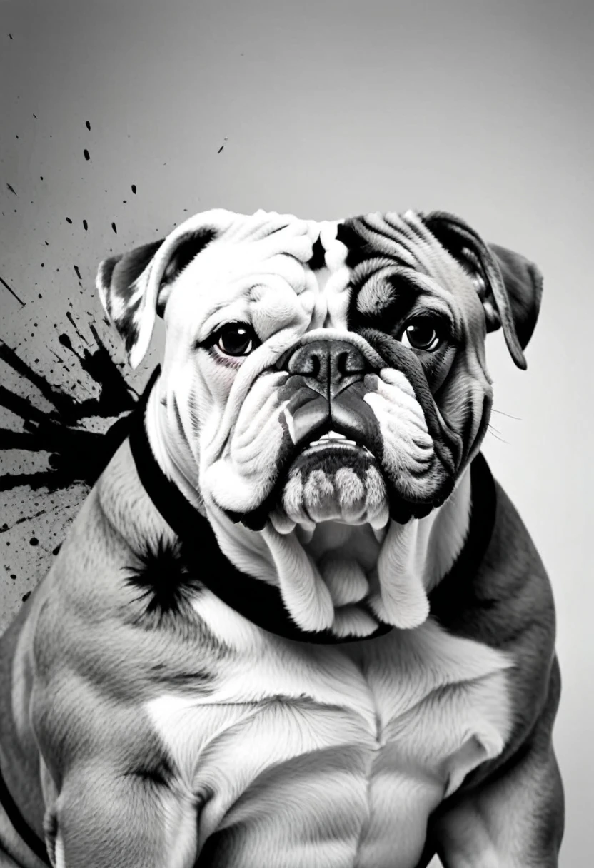 low quality, ((one bulldog)), upper body, center, front, arms crossed, Smash through walls, background white, monotone,