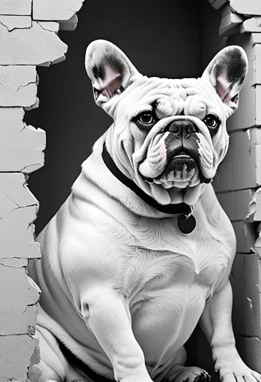 low quality, ((one bulldog)), upper body, center, front, arms crossed, Smash through walls, background white, monotone,