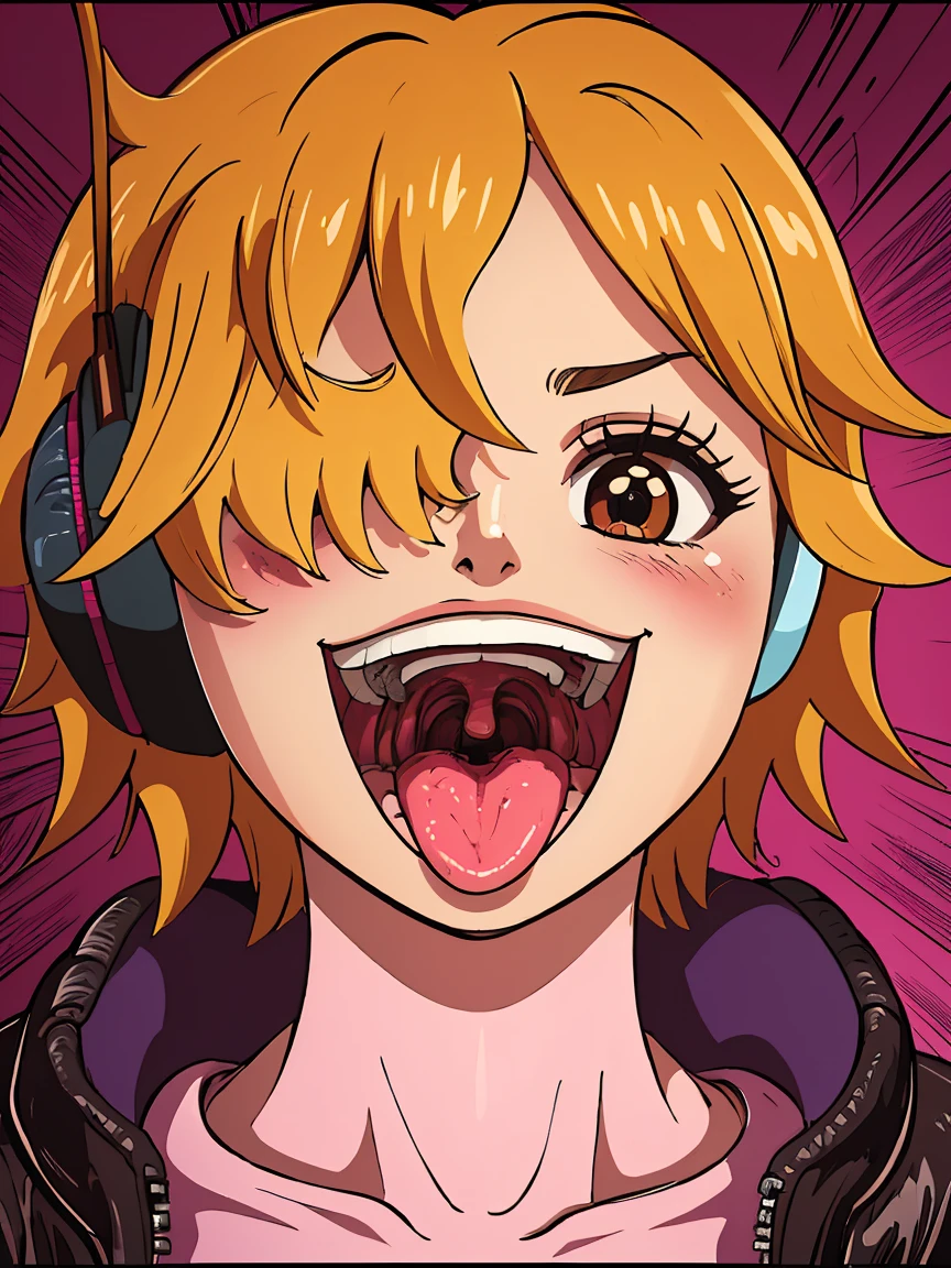 masterpiece, ((ultra detailed background, delicate pattern, intricate detail)), (highly detailed, fine details), best quality, beautiful lighting, ((medium breasts, slim girl)), 1girl, Lilith, ((mischievous smile)) ,(bangs covering one eye), ((light ginger hair)),headphones, (brown eyes), dark-purple jacket,(pink bodysuit, (close-up, portrait), blush, open mouth, big mouth, tongue, tongue out, close up, saliva, uvula, uvula, room, mouth focus, excessive saliva, one eye covered,