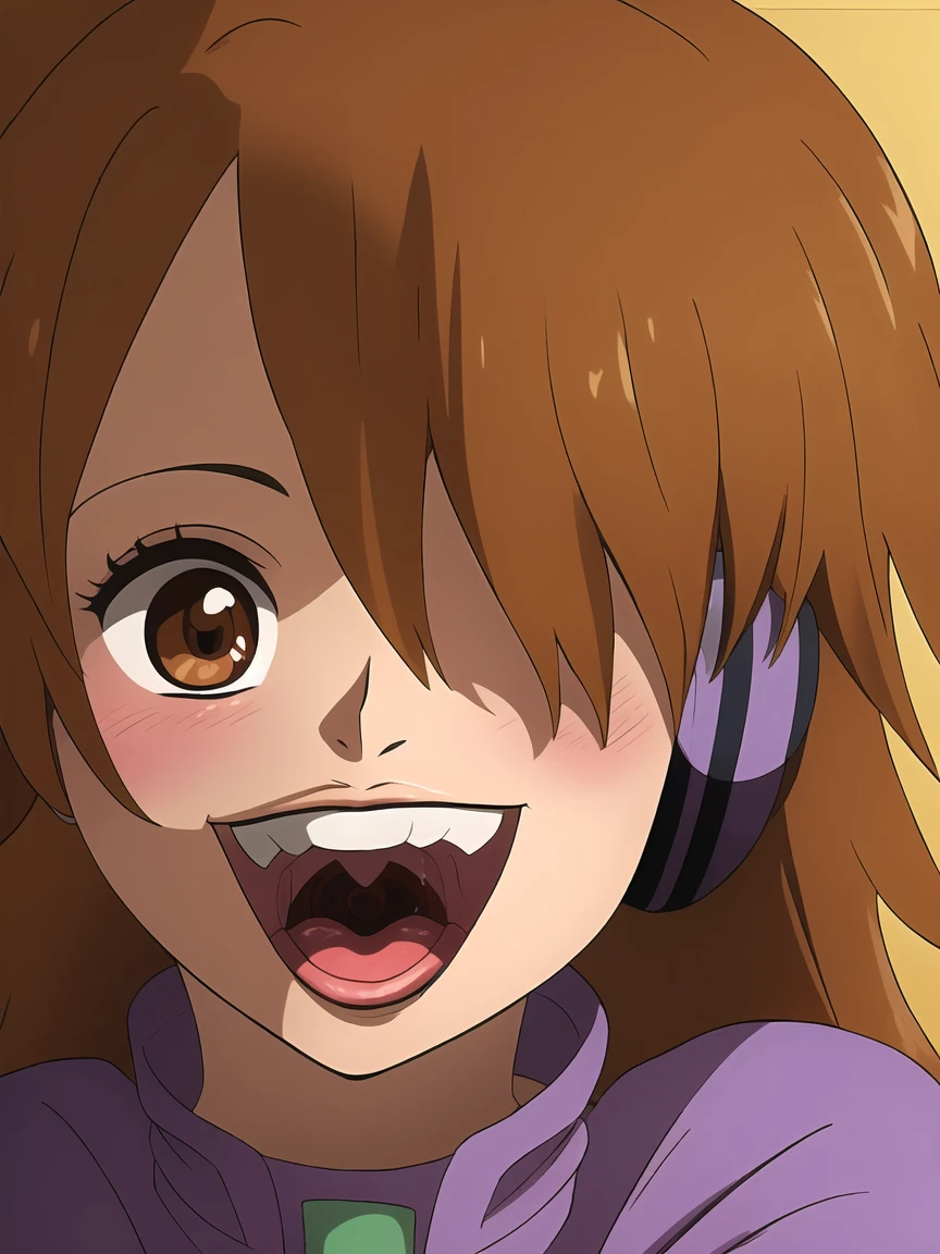 masterpiece, ((ultra detailed background, delicate pattern, intricate detail)), (highly detailed, fine details), best quality, beautiful lighting, ((medium breasts, slim girl)), 1girl, Lilith, ((mischievous smile)) ,(bangs covering one eye), ((light ginger hair)),headphones, (brown eyes), dark-purple jacket,(pink bodysuit, (close-up, portrait), blush, open mouth, big mouth, tongue, tongue out, close up, saliva, uvula, uvula, room, mouth focus, excessive saliva, one eye covered,
