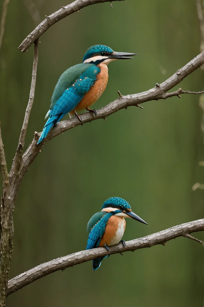 At the edge of a forest, a kingfisher perched on a branch.
